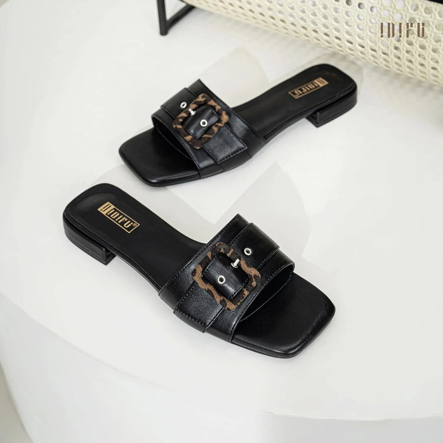 IDIFU Buckle Square Open Toe Women's Flat Sandals Slip On Strap Slide Sandals Beach Ladies Dress Sandals for Women Dressy Comfortable Cute Casual Trendy Fashion Stylish Summer Shoes Flats Sandals