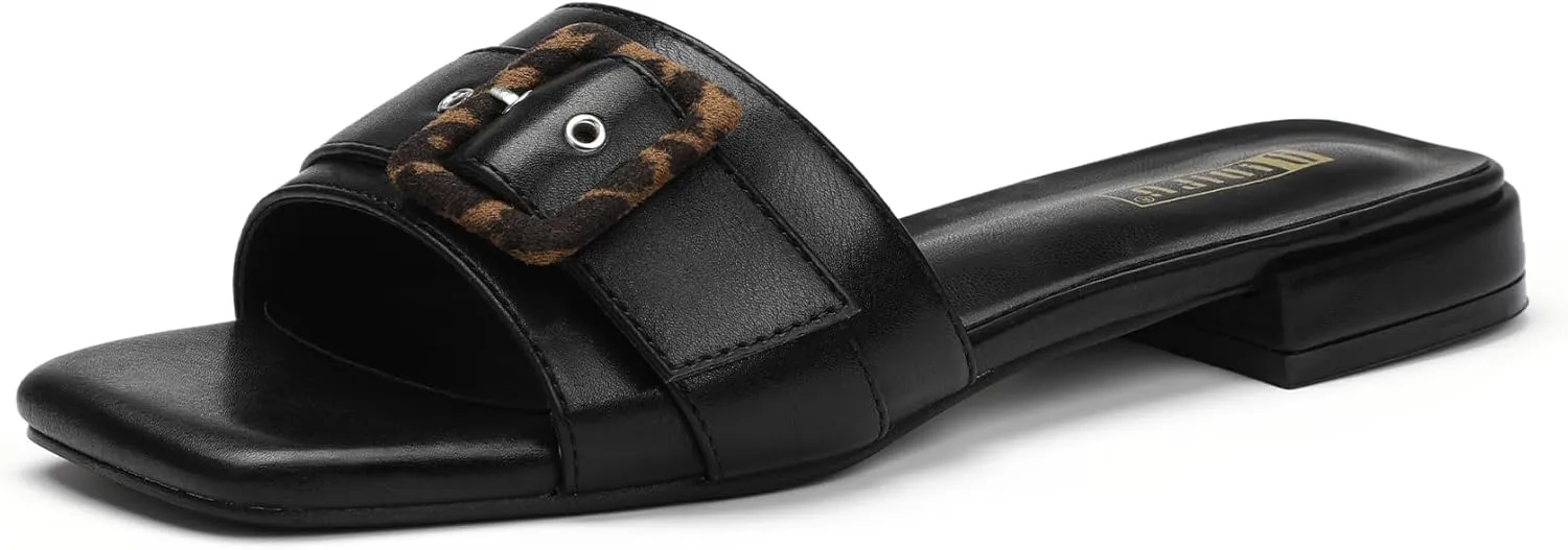 IDIFU Buckle Square Open Toe Women's Flat Sandals Slip On Strap Slide Sandals Beach Ladies Dress Sandals for Women Dressy Comfortable Cute Casual Trendy Fashion Stylish Summer Shoes Flats Sandals