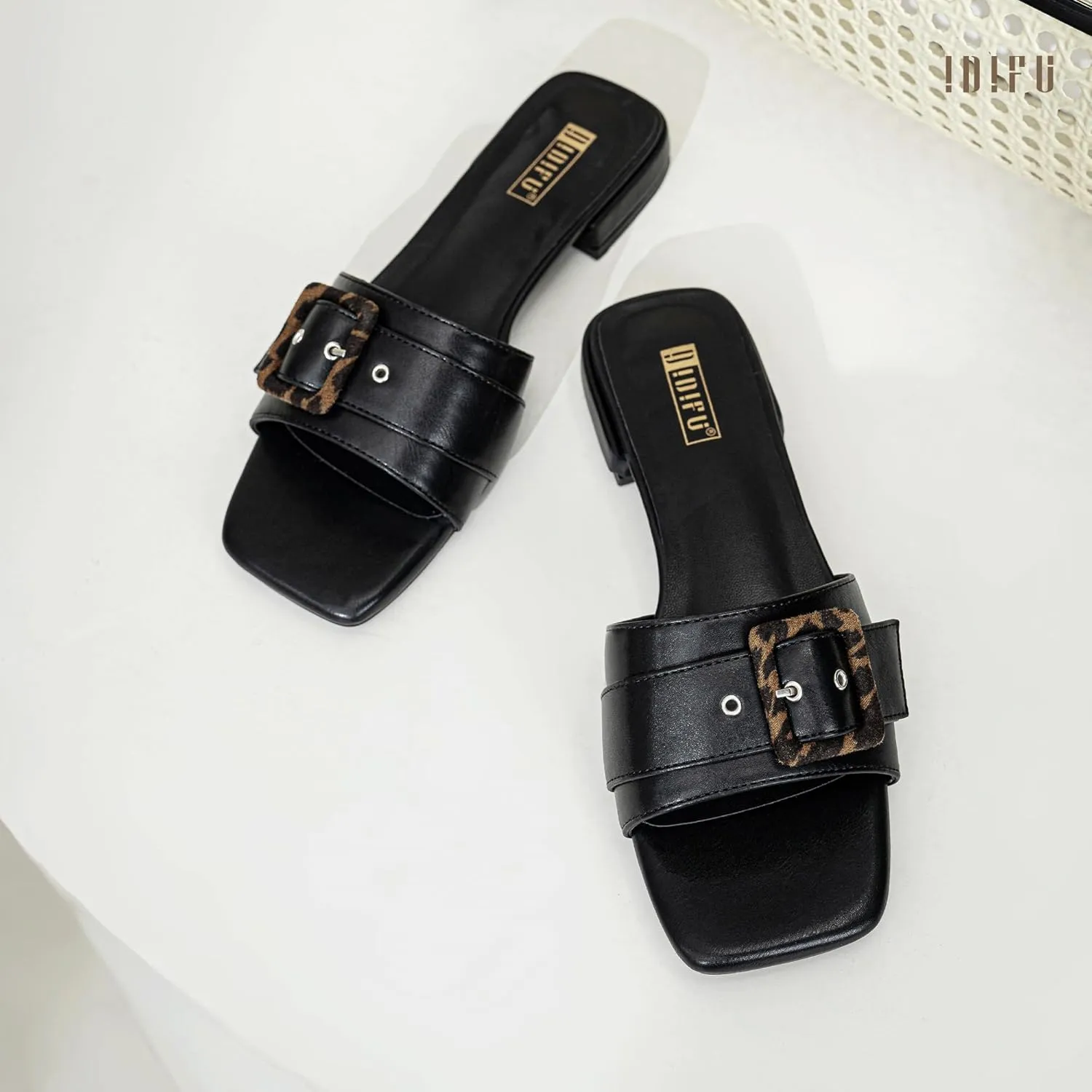 IDIFU Buckle Square Open Toe Women's Flat Sandals Slip On Strap Slide Sandals Beach Ladies Dress Sandals for Women Dressy Comfortable Cute Casual Trendy Fashion Stylish Summer Shoes Flats Sandals
