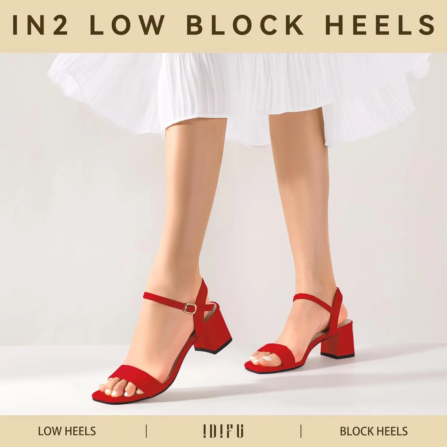 IDIFU IN2 Low Block Heels for Women Chunky Heels Square Open Toe Heeled Sandals Wedding Bride Prom Graduation Dress Shoes Comfortable Cute Trendy Summer Casual Ankle Strap Heels