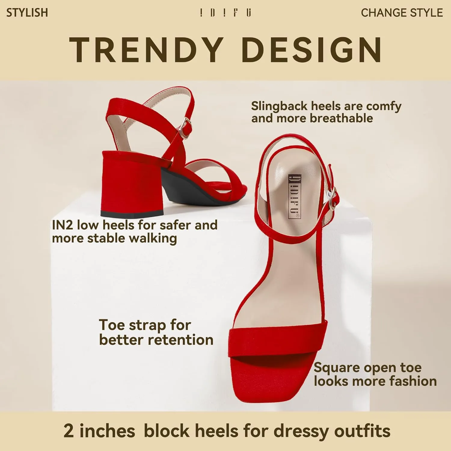 IDIFU IN2 Low Block Heels for Women Chunky Heels Square Open Toe Heeled Sandals Wedding Bride Prom Graduation Dress Shoes Comfortable Cute Trendy Summer Casual Ankle Strap Heels