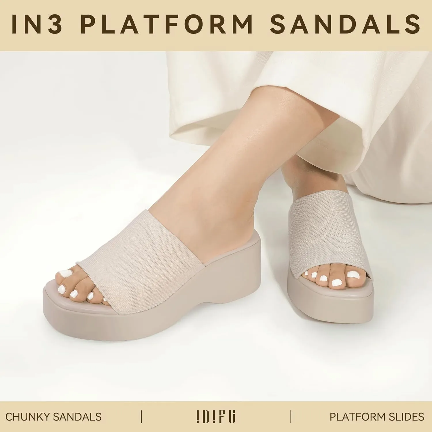 IDIFU IN3 Platform Sandals Womens Wedges Sandals Comfortable Cute Square Open Toe Slides Sandals Lightweight Slip On Chunky Wedges Heels Sandals Dressy Casual Summer Beach Walking Sandals Shoes
