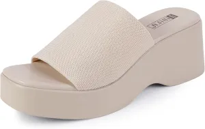 IDIFU IN3 Platform Sandals Womens Wedges Sandals Comfortable Cute Square Open Toe Slides Sandals Lightweight Slip On Chunky Wedges Heels Sandals Dressy Casual Summer Beach Walking Sandals Shoes