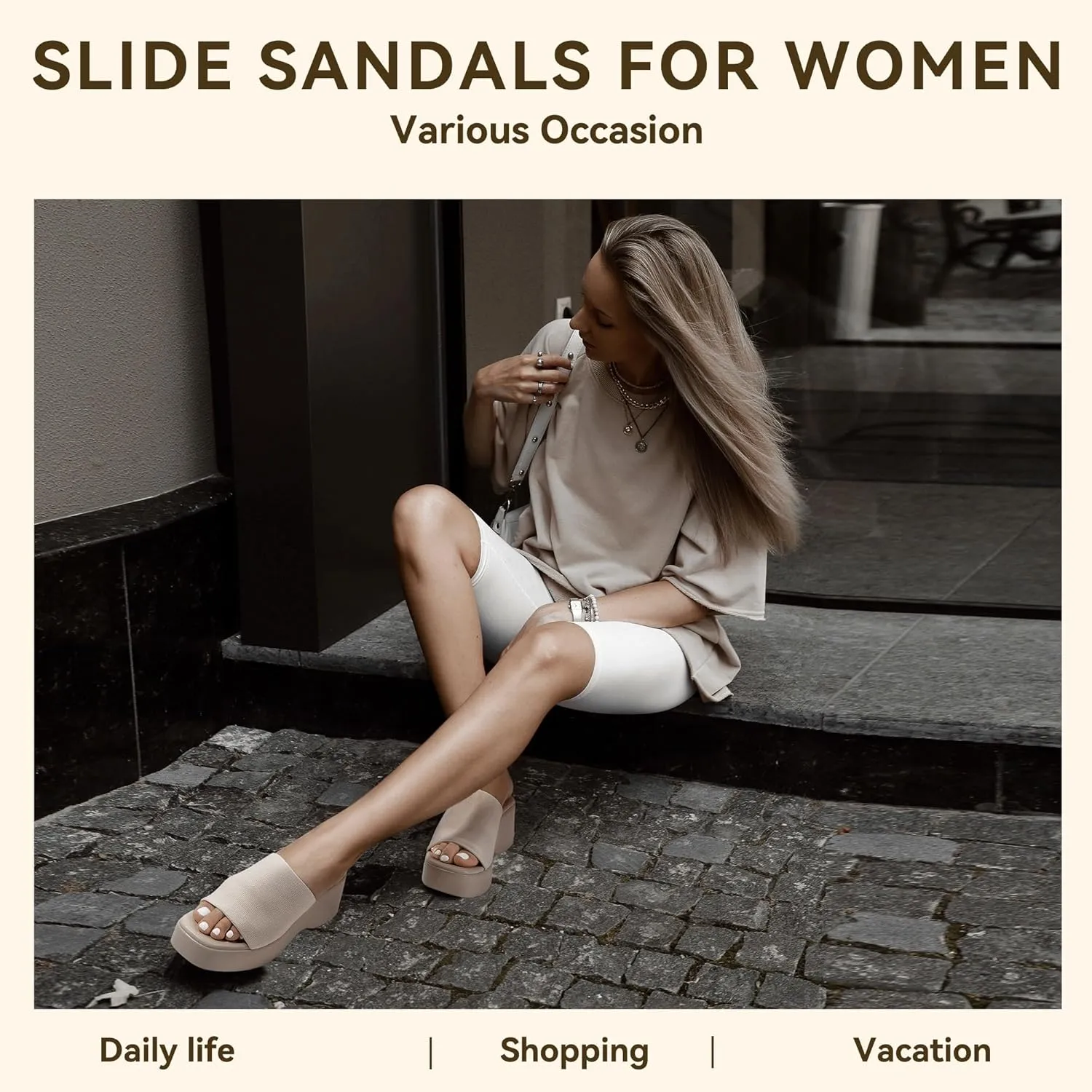 IDIFU IN3 Platform Sandals Womens Wedges Sandals Comfortable Cute Square Open Toe Slides Sandals Lightweight Slip On Chunky Wedges Heels Sandals Dressy Casual Summer Beach Walking Sandals Shoes