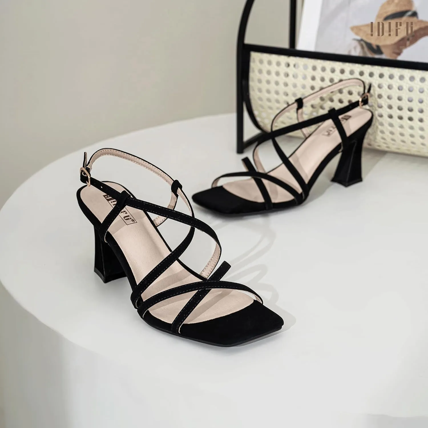 IDIFU IN3 Strappy Heels for Women Low Block Chunky Square Open Toe Kitten Heels Slingback Ankle Strap Dressy Wedding Bride Daily Party Comfortable Sexy Dress Shoes