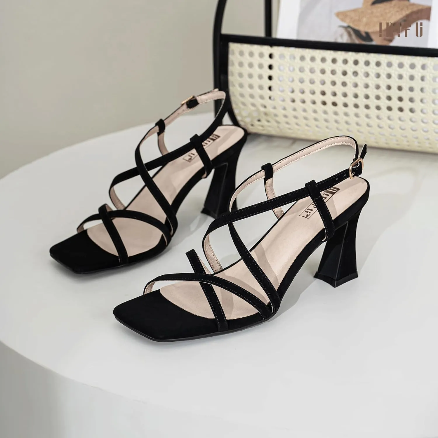 IDIFU IN3 Strappy Heels for Women Low Block Chunky Square Open Toe Kitten Heels Slingback Ankle Strap Dressy Wedding Bride Daily Party Comfortable Sexy Dress Shoes
