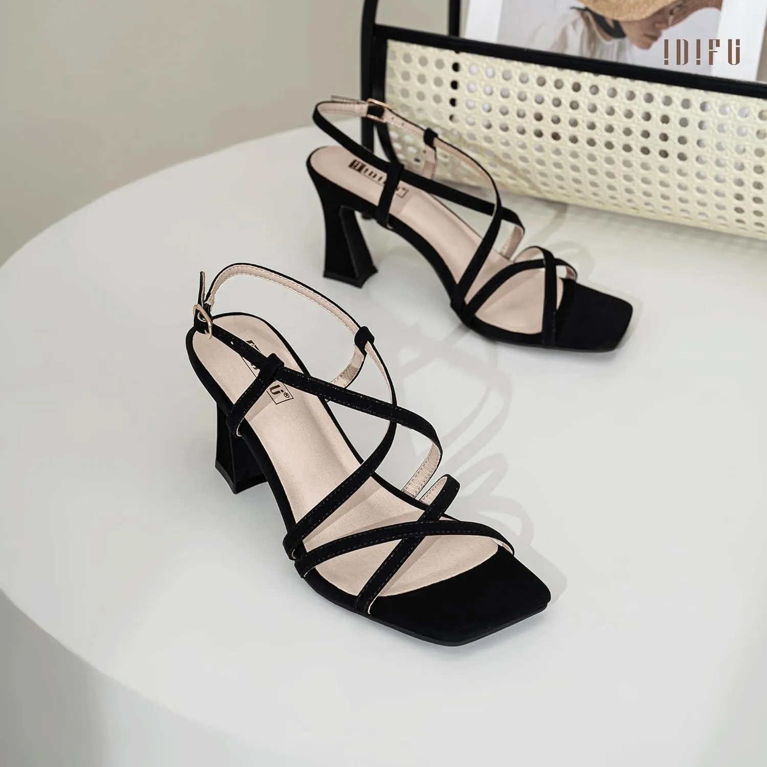 IDIFU IN3 Strappy Heels for Women Low Block Chunky Square Open Toe Kitten Heels Slingback Ankle Strap Dressy Wedding Bride Daily Party Comfortable Sexy Dress Shoes