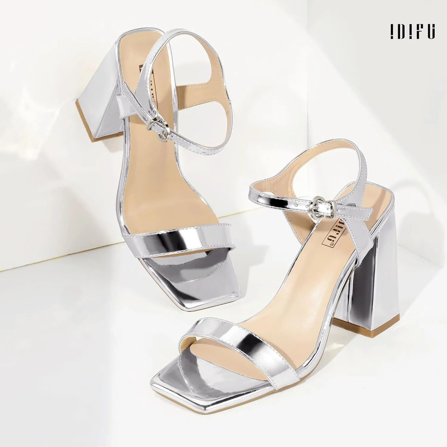 IDIFU IN4 High Heels for Women Dressy Chunky Block Square Open Toe Heeled Sandals Slingback Thick Sexy Womens Dress Sandals Wedding Prom Summer Bridal Bride Comfortable Strappy Ankle Strap Heels