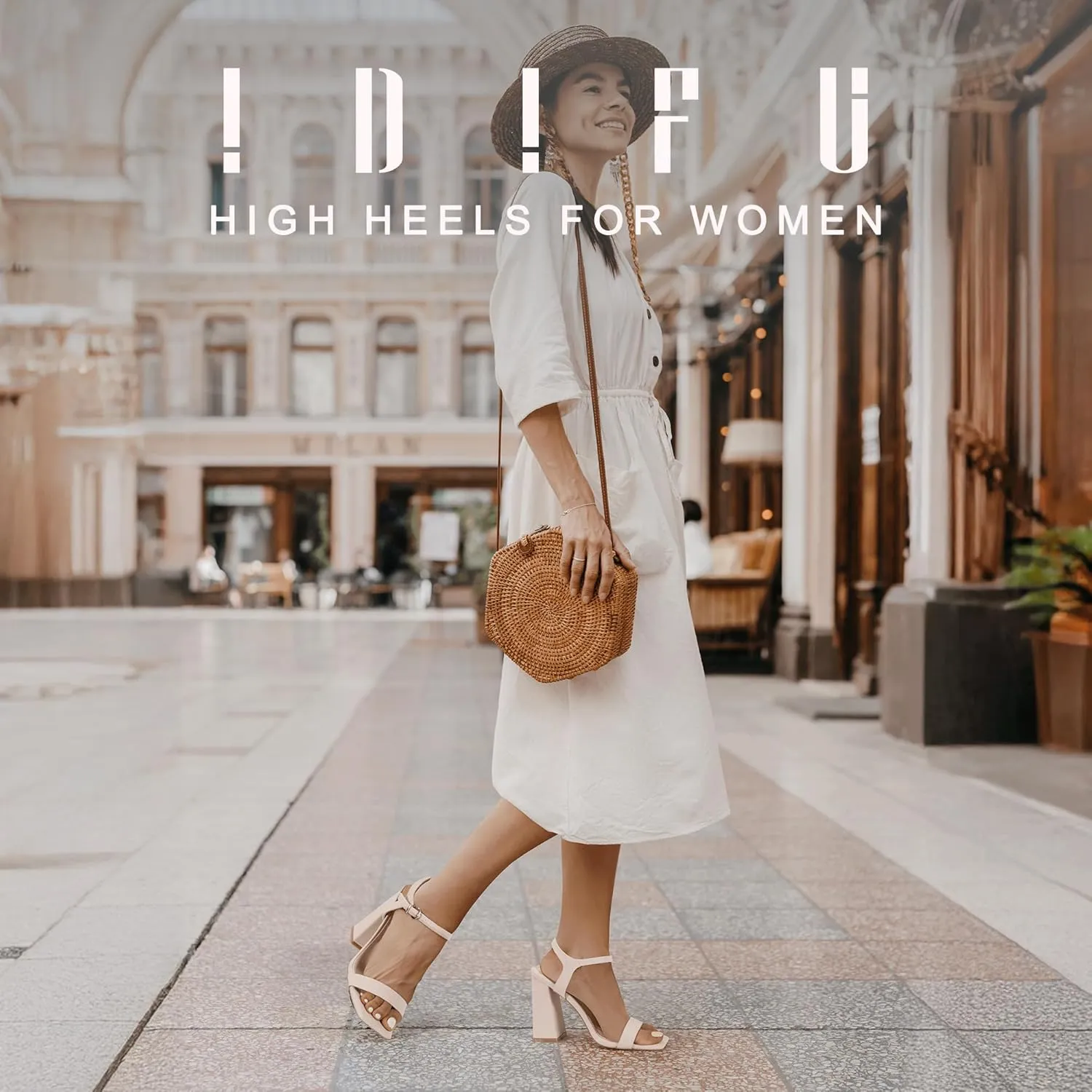 IDIFU IN4 High Heels for Women Dressy Chunky Block Square Open Toe Heeled Sandals Slingback Thick Sexy Womens Dress Sandals Wedding Prom Summer Bridal Bride Comfortable Strappy Ankle Strap Heels