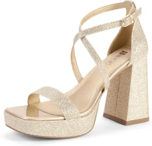 IDIFU IN4 Platform Heels for Women - High Strappy Chunky Block Square Toe Sexy Wedding Dress Shoes - Open Toe Ankle Strap Heeled Sandals - Comfortable Thick Heels - Half Size Larger