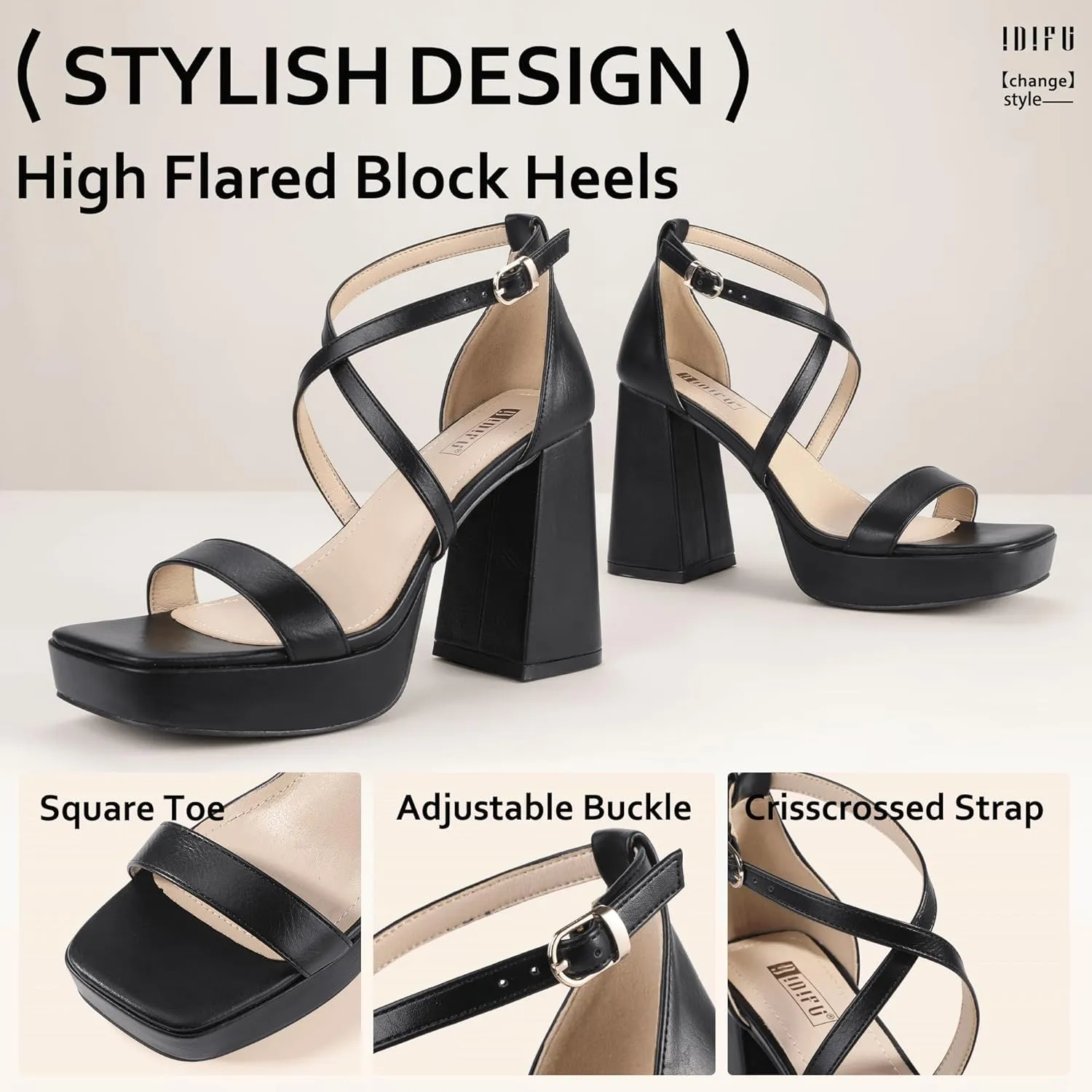 IDIFU IN4 Platform Heels for Women - High Strappy Chunky Block Square Toe Sexy Wedding Dress Shoes - Open Toe Ankle Strap Heeled Sandals - Comfortable Thick Heels - Half Size Larger