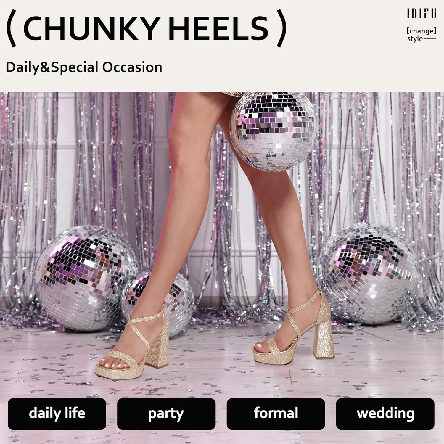 IDIFU IN4 Platform Heels for Women - High Strappy Chunky Block Square Toe Sexy Wedding Dress Shoes - Open Toe Ankle Strap Heeled Sandals - Comfortable Thick Heels - Half Size Larger