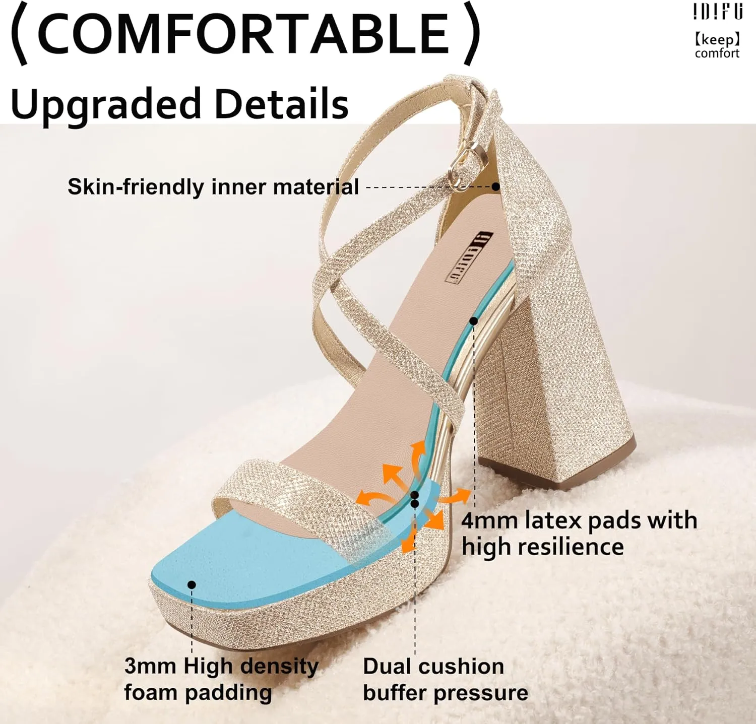 IDIFU IN4 Platform Heels for Women - High Strappy Chunky Block Square Toe Sexy Wedding Dress Shoes - Open Toe Ankle Strap Heeled Sandals - Comfortable Thick Heels - Half Size Larger