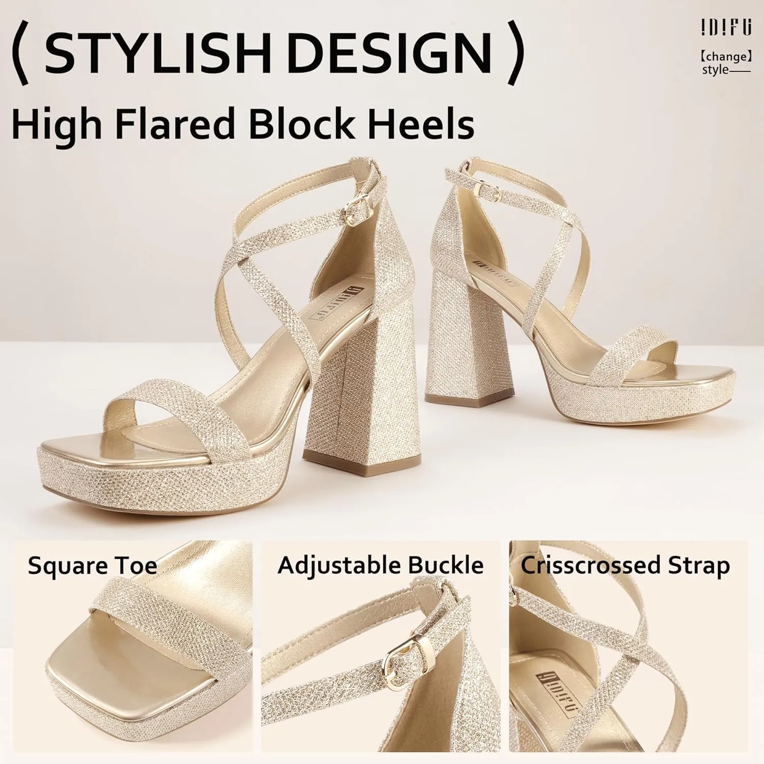 IDIFU IN4 Platform Heels for Women - High Strappy Chunky Block Square Toe Sexy Wedding Dress Shoes - Open Toe Ankle Strap Heeled Sandals - Comfortable Thick Heels - Half Size Larger