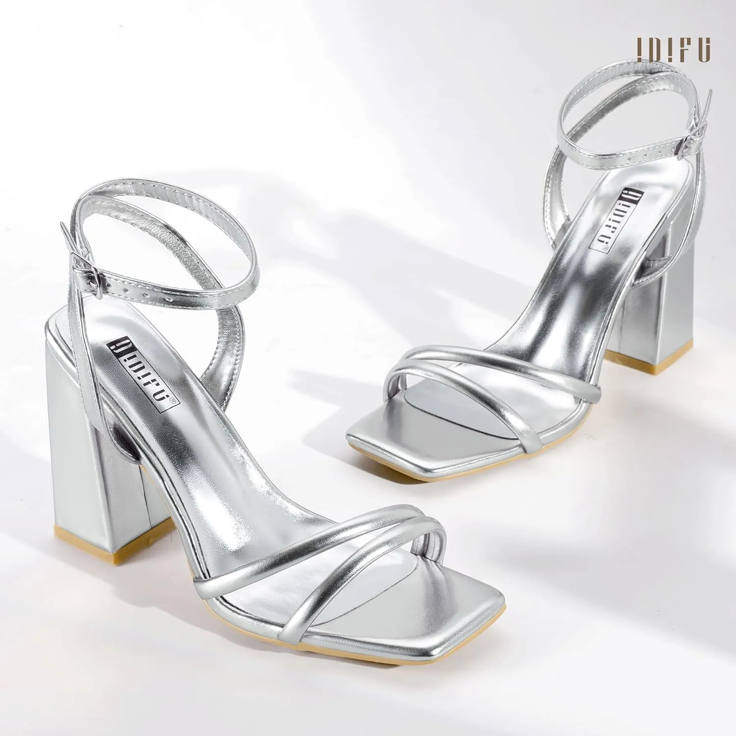 IDIFU IN4 Strappy Heels for Women High Chunky Block Heels Square Open Toe Slingback Ankle Strap Dress Shoes Wedding Prom Party Work Heeled Sandals Comfortable Sexy Cute Thick Heels