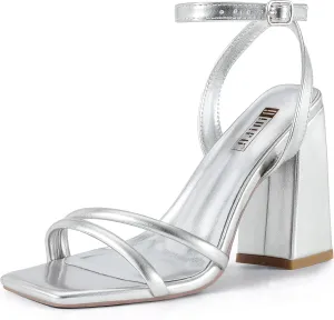 IDIFU IN4 Strappy Heels for Women High Chunky Block Heels Square Open Toe Slingback Ankle Strap Dress Shoes Wedding Prom Party Work Heeled Sandals Comfortable Sexy Cute Thick Heels