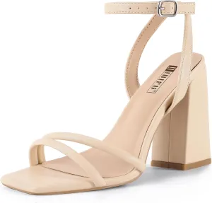IDIFU IN4 Strappy Heels for Women High Chunky Block Heels Square Open Toe Slingback Ankle Strap Dress Shoes Wedding Prom Party Work Heeled Sandals Comfortable Sexy Cute Thick Heels