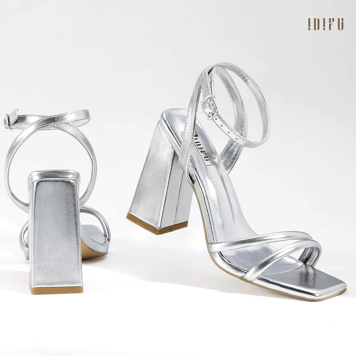 IDIFU IN4 Strappy Heels for Women High Chunky Block Heels Square Open Toe Slingback Ankle Strap Dress Shoes Wedding Prom Party Work Heeled Sandals Comfortable Sexy Cute Thick Heels