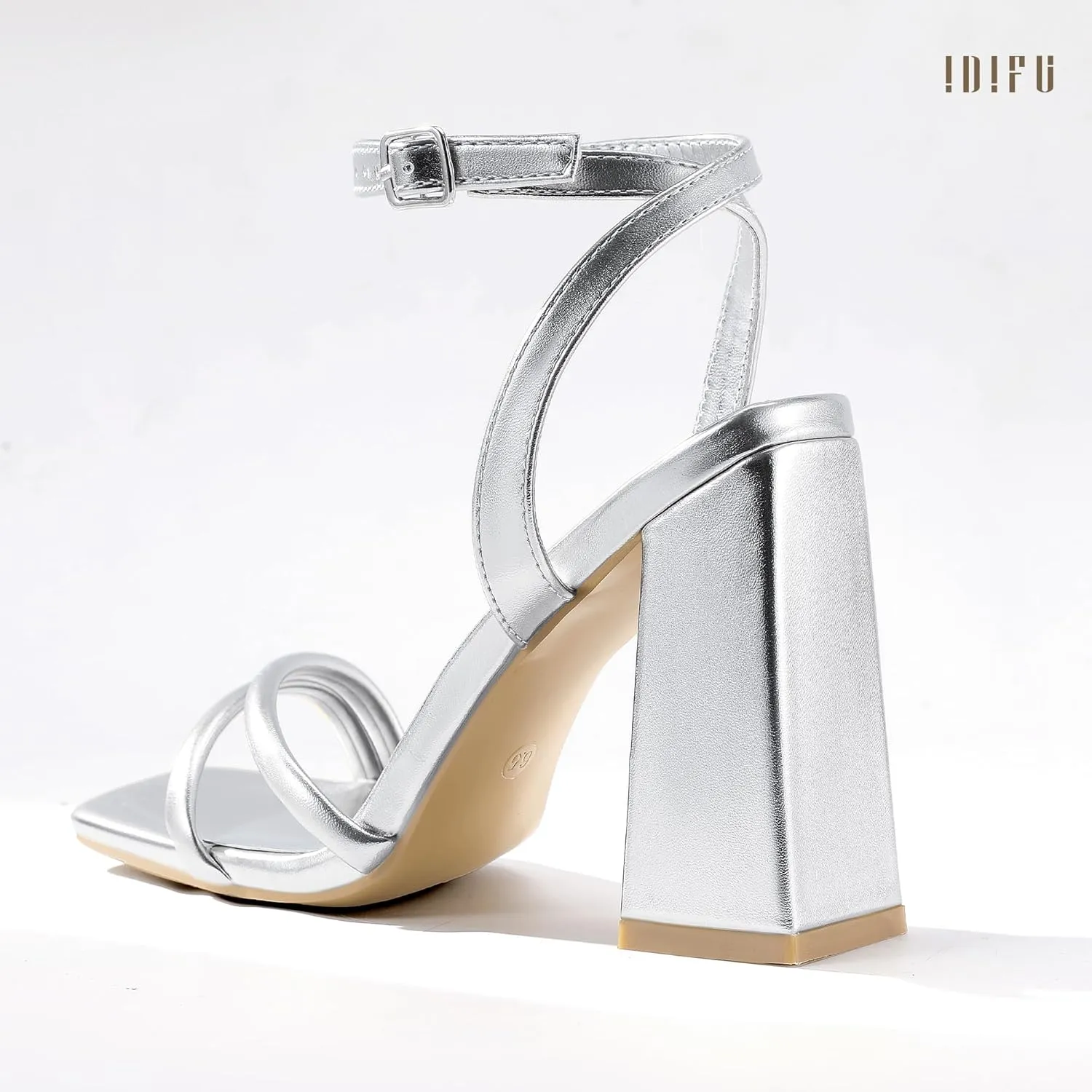 IDIFU IN4 Strappy Heels for Women High Chunky Block Heels Square Open Toe Slingback Ankle Strap Dress Shoes Wedding Prom Party Work Heeled Sandals Comfortable Sexy Cute Thick Heels