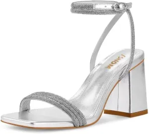 ISNOM Rhinestone Chunky Heels for Women, Square Open Toe Block Heeled Stylish and Comfortable