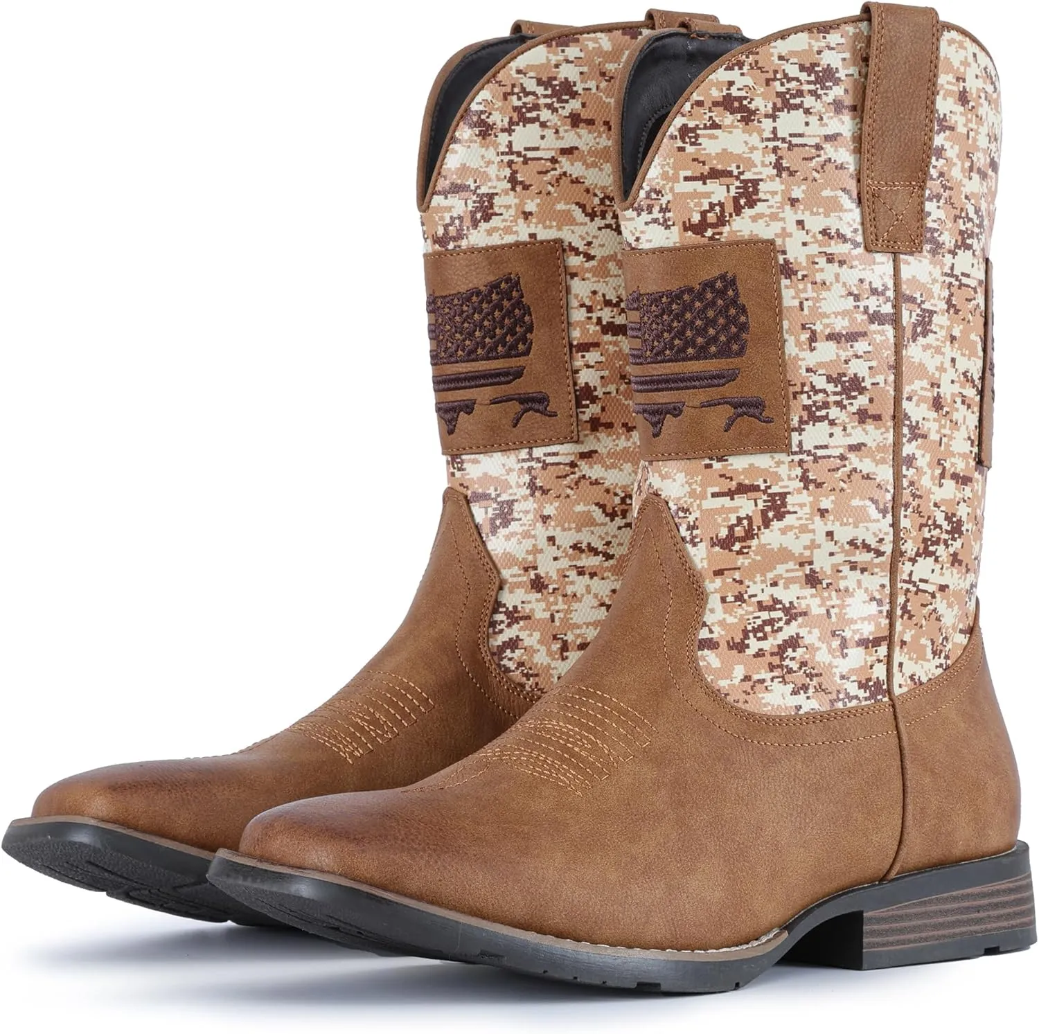 IUV Cowboy Boots For Men Square Toe Western Boot Durable Classic Fashionable Embroidered Pull On Slip Resistant Boots