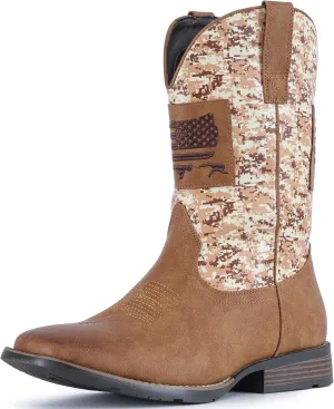 IUV Cowboy Boots For Men Square Toe Western Boot Durable Classic Fashionable Embroidered Pull On Slip Resistant Boots