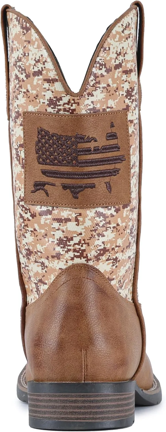 IUV Cowboy Boots For Men Square Toe Western Boot Durable Classic Fashionable Embroidered Pull On Slip Resistant Boots