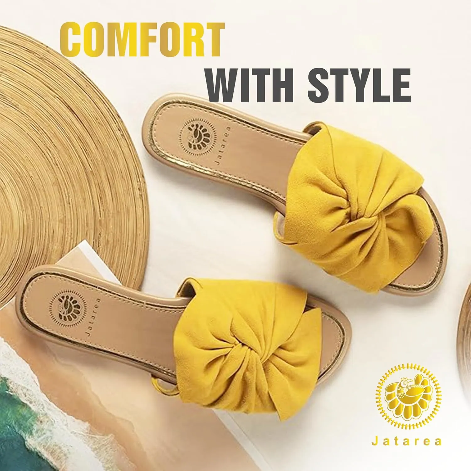 JATAREA Women’s Slip-On Flat Sandals with Round Open Toe | Casual Leather Slides for Comfort in Summer | Classic and Trendy Slippers, Dressy Slides for Women Perfect for Daily Go Out - AHANA