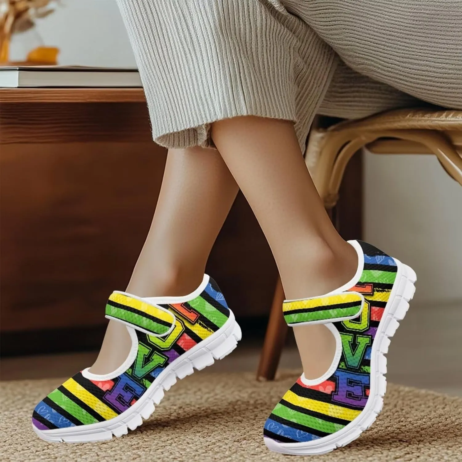 JoyLamoria Rainbow LGBT Walking Shoes Y2K Leopard Flats Arch Support Travel Working Nurse Shoes Light Wight Diabetic Shoes