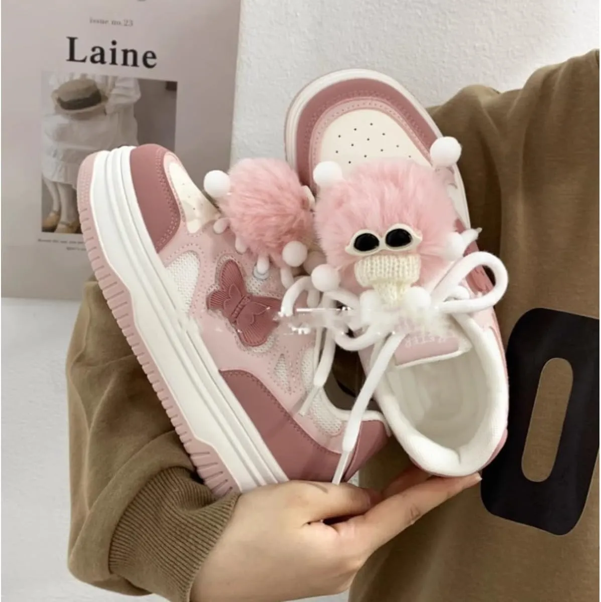 Kawaii Pink Platform Sneakers with Fluffy Character Charm - Cute Butterfly Detail Fashion Shoes - Chunky Sole Women's Casual Shoes