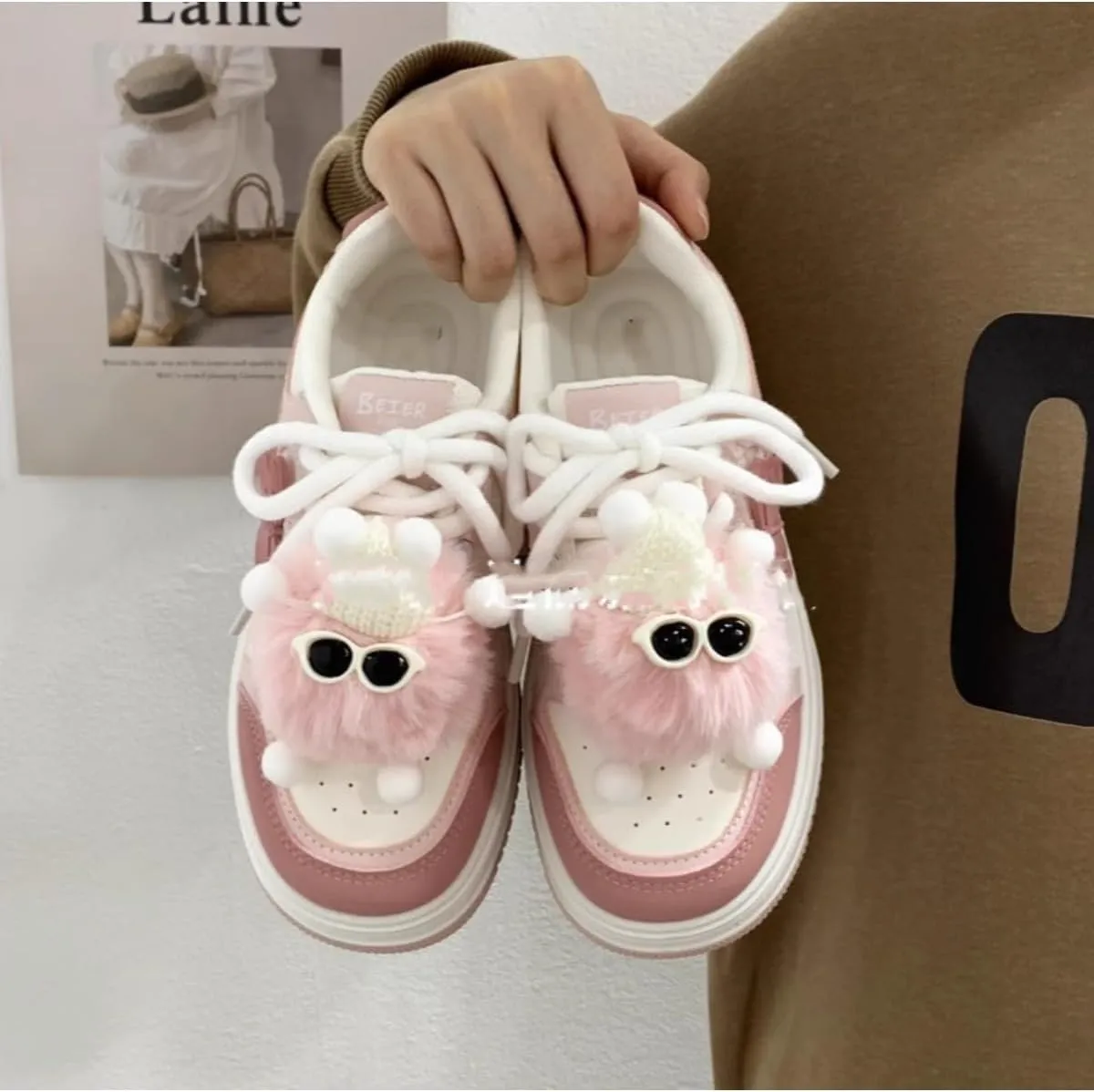 Kawaii Pink Platform Sneakers with Fluffy Character Charm - Cute Butterfly Detail Fashion Shoes - Chunky Sole Women's Casual Shoes