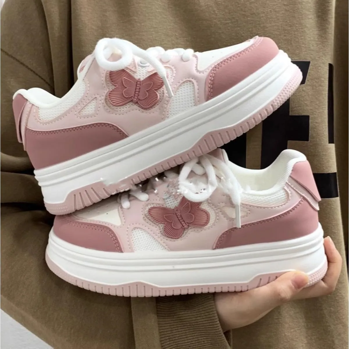 Kawaii Pink Platform Sneakers with Fluffy Character Charm - Cute Butterfly Detail Fashion Shoes - Chunky Sole Women's Casual Shoes