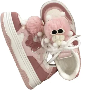 Kawaii Pink Platform Sneakers with Fluffy Character Charm - Cute Butterfly Detail Fashion Shoes - Chunky Sole Women's Casual Shoes