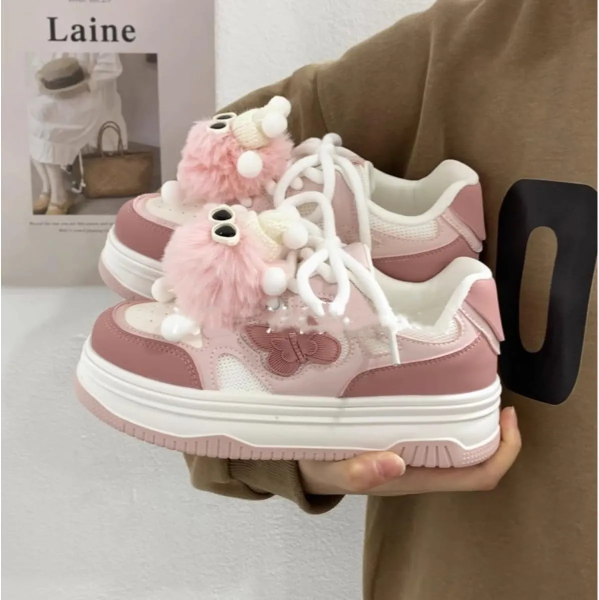 Kawaii Pink Platform Sneakers with Fluffy Character Charm - Cute Butterfly Detail Fashion Shoes - Chunky Sole Women's Casual Shoes