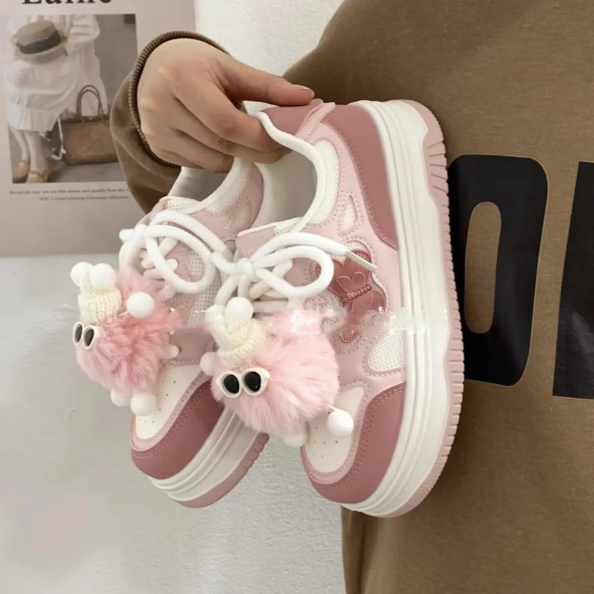 Kawaii Pink Platform Sneakers with Fluffy Character Charm - Cute Butterfly Detail Fashion Shoes - Chunky Sole Women's Casual Shoes