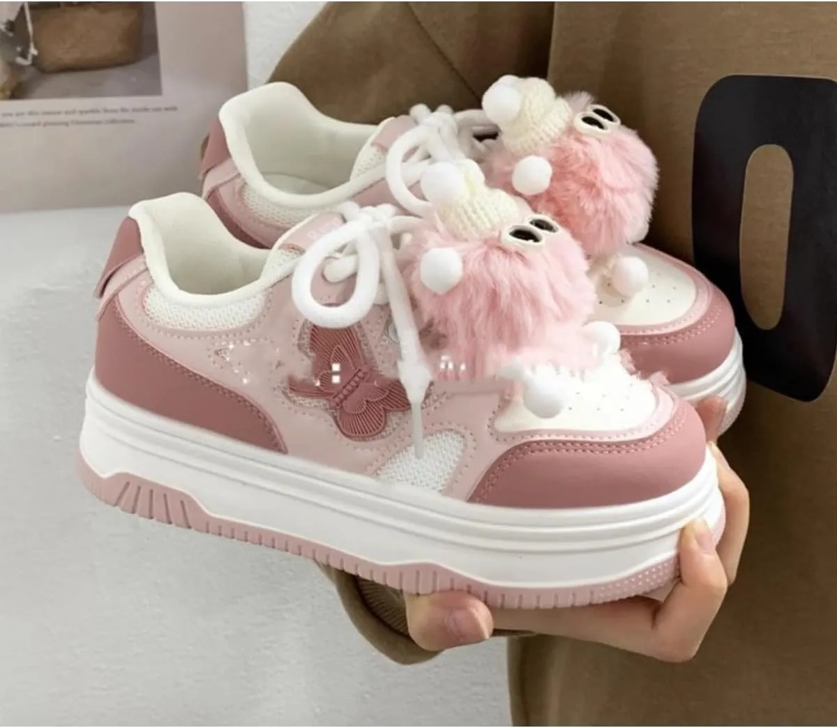 Kawaii Pink Platform Sneakers with Fluffy Character Charm - Cute Butterfly Detail Fashion Shoes - Chunky Sole Women's Casual Shoes
