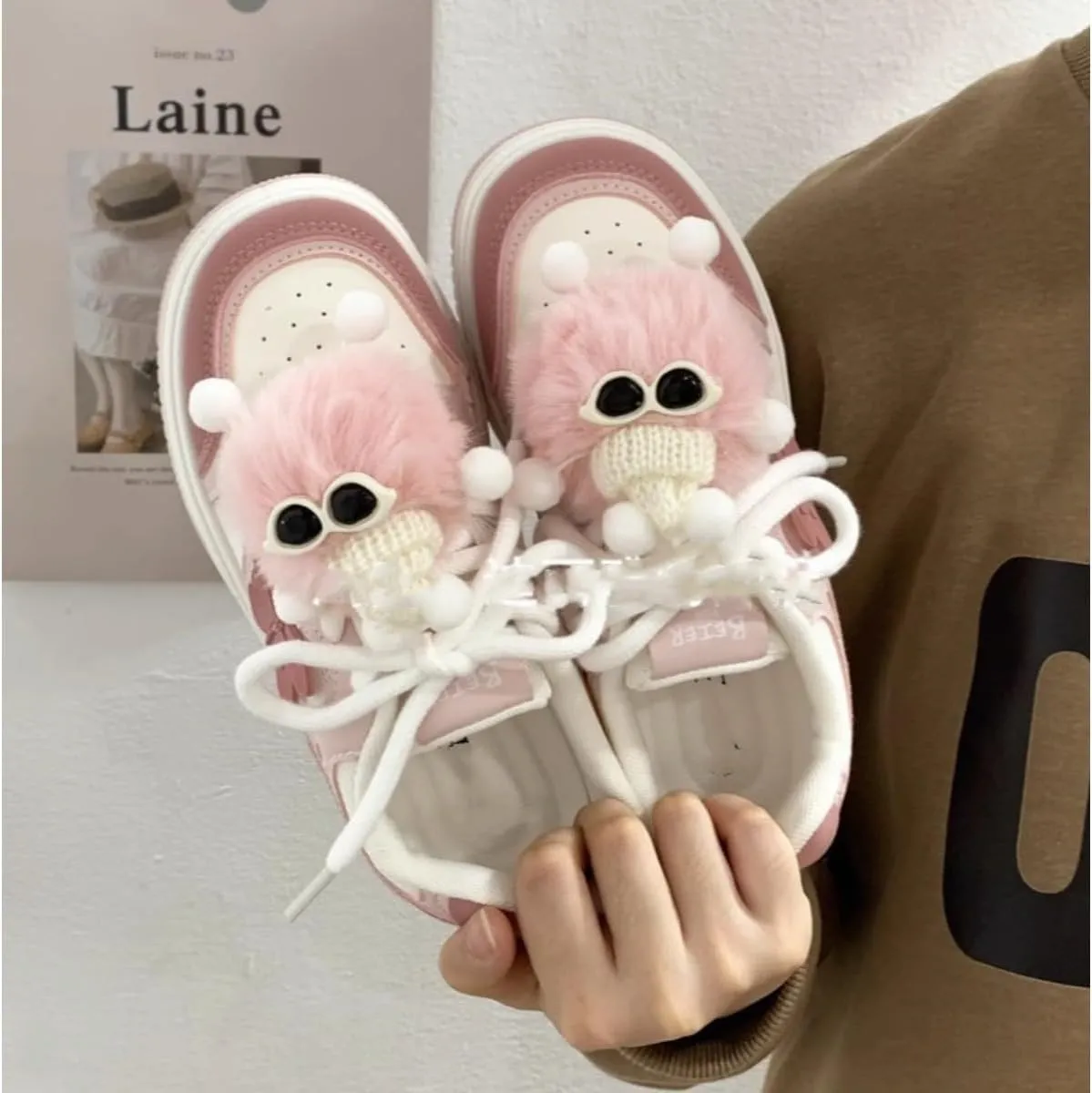 Kawaii Pink Platform Sneakers with Fluffy Character Charm - Cute Butterfly Detail Fashion Shoes - Chunky Sole Women's Casual Shoes