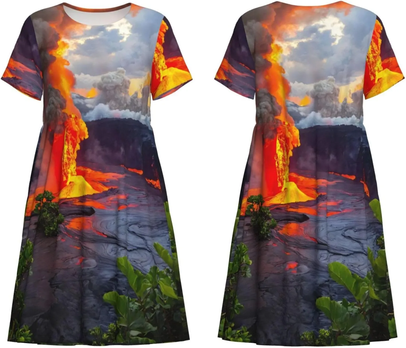 Kilauea Volcanos Print Stylish Summer for Women Maxi Dresses,Flowy,Short Sleeve,with Side Pockets