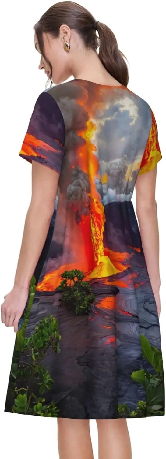 Kilauea Volcanos Print Stylish Summer for Women Maxi Dresses,Flowy,Short Sleeve,with Side Pockets