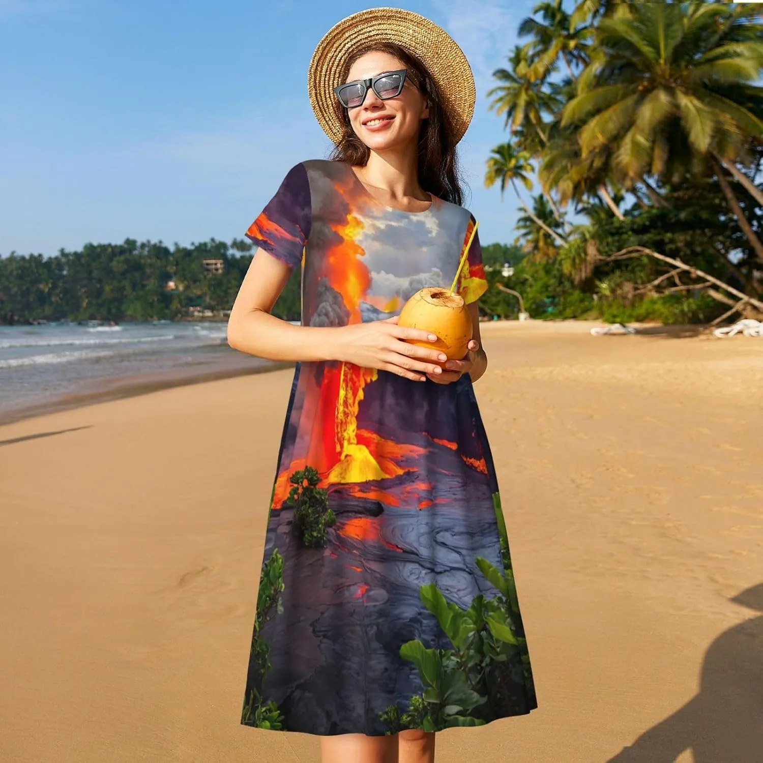 Kilauea Volcanos Print Stylish Summer for Women Maxi Dresses,Flowy,Short Sleeve,with Side Pockets