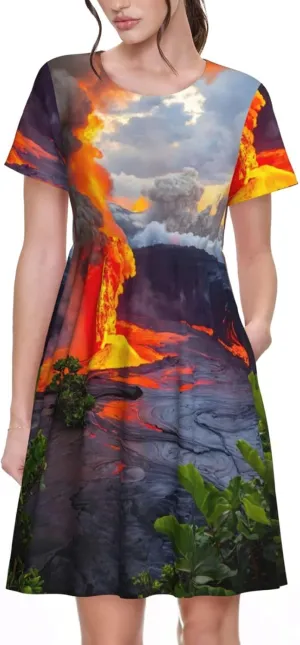 Kilauea Volcanos Print Stylish Summer for Women Maxi Dresses,Flowy,Short Sleeve,with Side Pockets