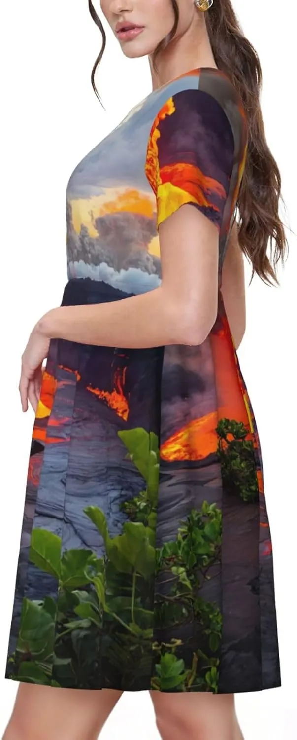 Kilauea Volcanos Print Stylish Summer for Women Maxi Dresses,Flowy,Short Sleeve,with Side Pockets