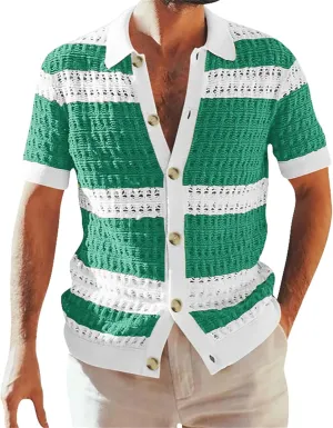 Knitted Button Down Shirt for Men Hollow Out Short Sleeve Lapel Collar Vintage Polo Shirts Summer Casual Beach Tops