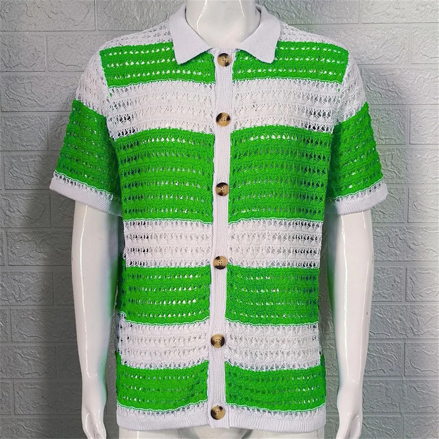 Knitted Button Down Shirt for Men Hollow Out Short Sleeve Lapel Collar Vintage Polo Shirts Summer Casual Beach Tops