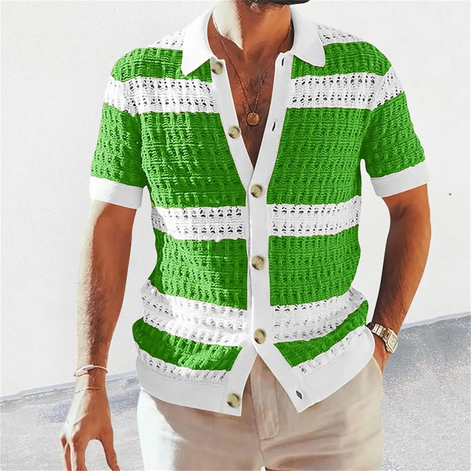Knitted Button Down Shirt for Men Hollow Out Short Sleeve Lapel Collar Vintage Polo Shirts Summer Casual Beach Tops