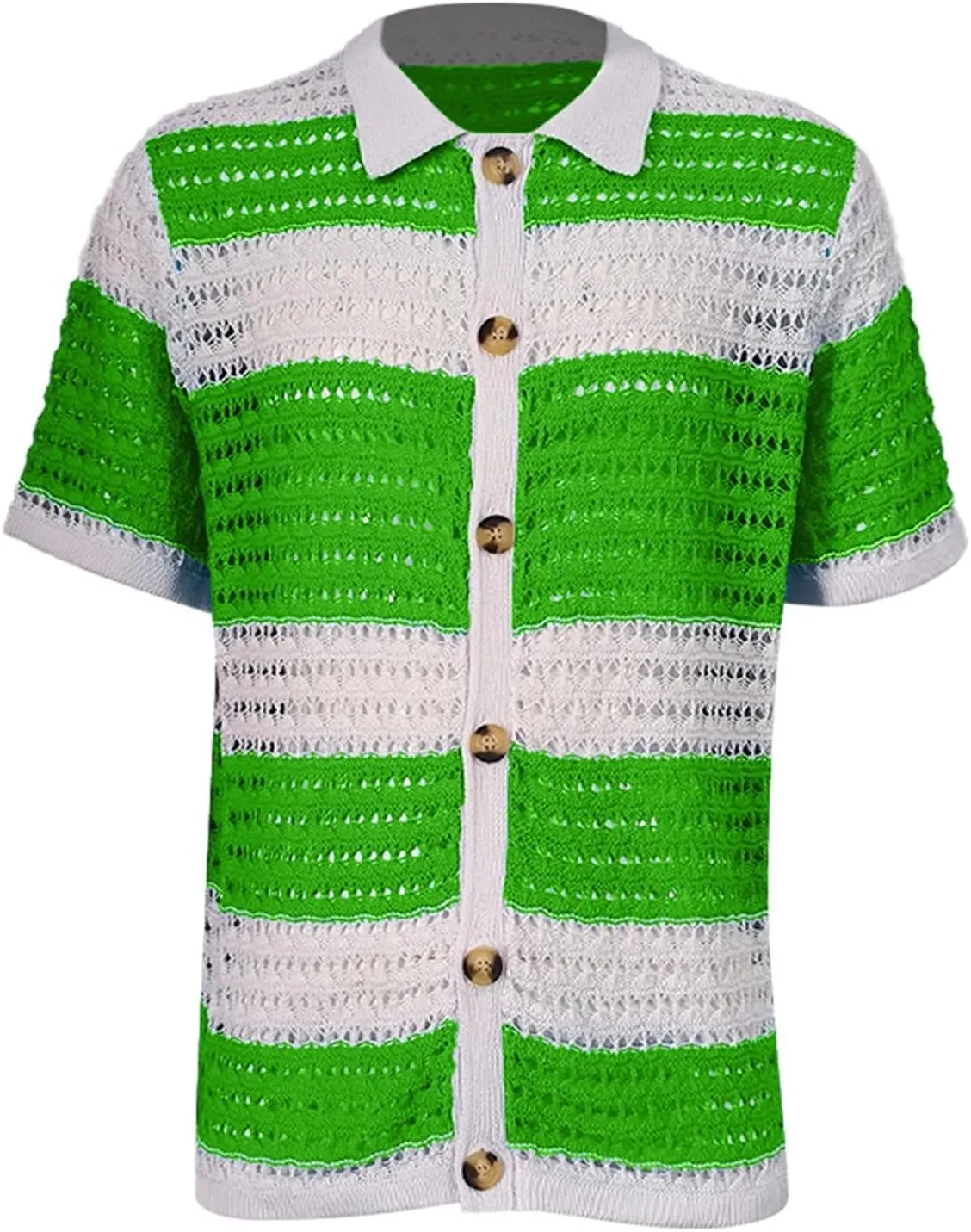 Knitted Button Down Shirt for Men Hollow Out Short Sleeve Lapel Collar Vintage Polo Shirts Summer Casual Beach Tops