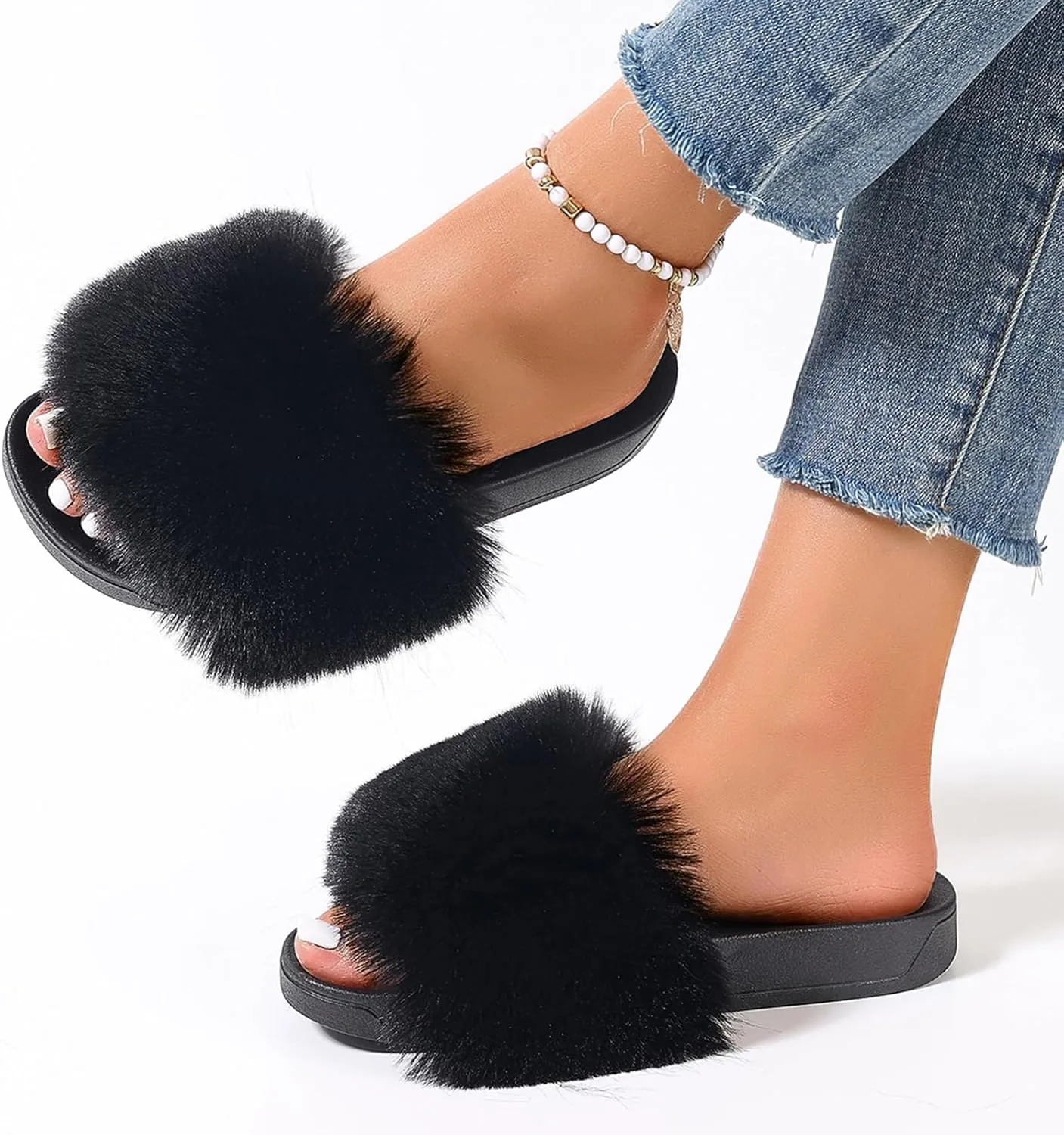 Ladies Fluffy Slippers Faux Fur Soft Slippers Stylish Open Toe Girls Sandals Outdoor Indoor Furry Comfortable