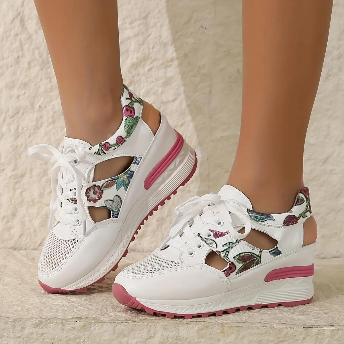 Leaf Embroidered Mesh Wedge Sandals - Women's Comfort Casual Sneakers, Lace Up Thick Soled