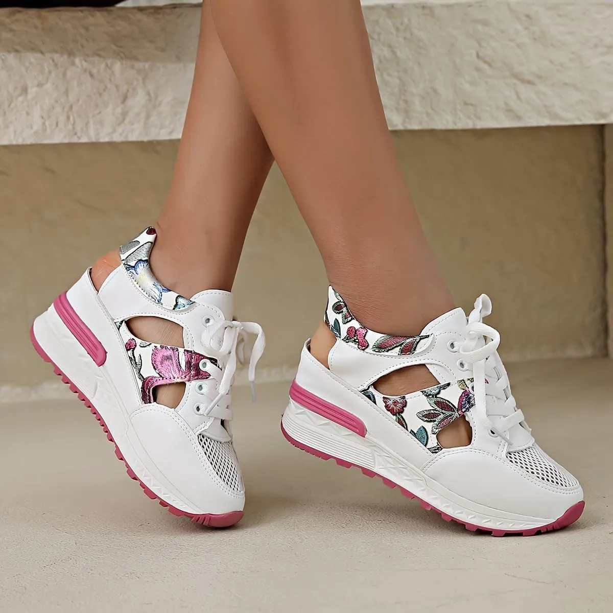 Leaf Embroidered Mesh Wedge Sandals - Women's Comfort Casual Sneakers, Lace Up Thick Soled