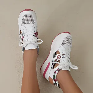 Leaf Embroidered Mesh Wedge Sandals - Women's Comfort Casual Sneakers, Lace Up Thick Soled